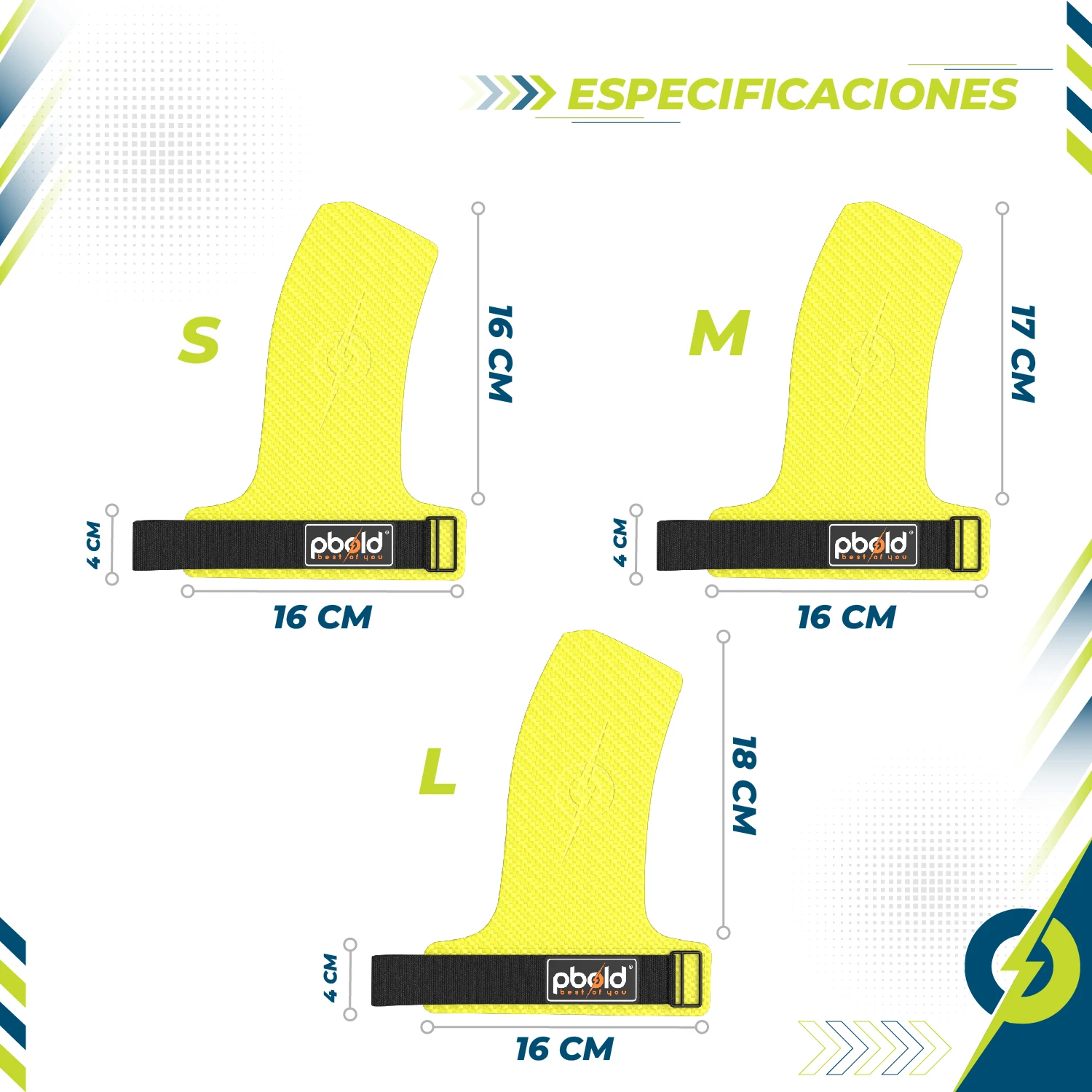 Calleras de crossfit verdes para protección de manos y muñecas, tallas S (16x4 cm), M (17x4 cm) y L (18x4 cm).