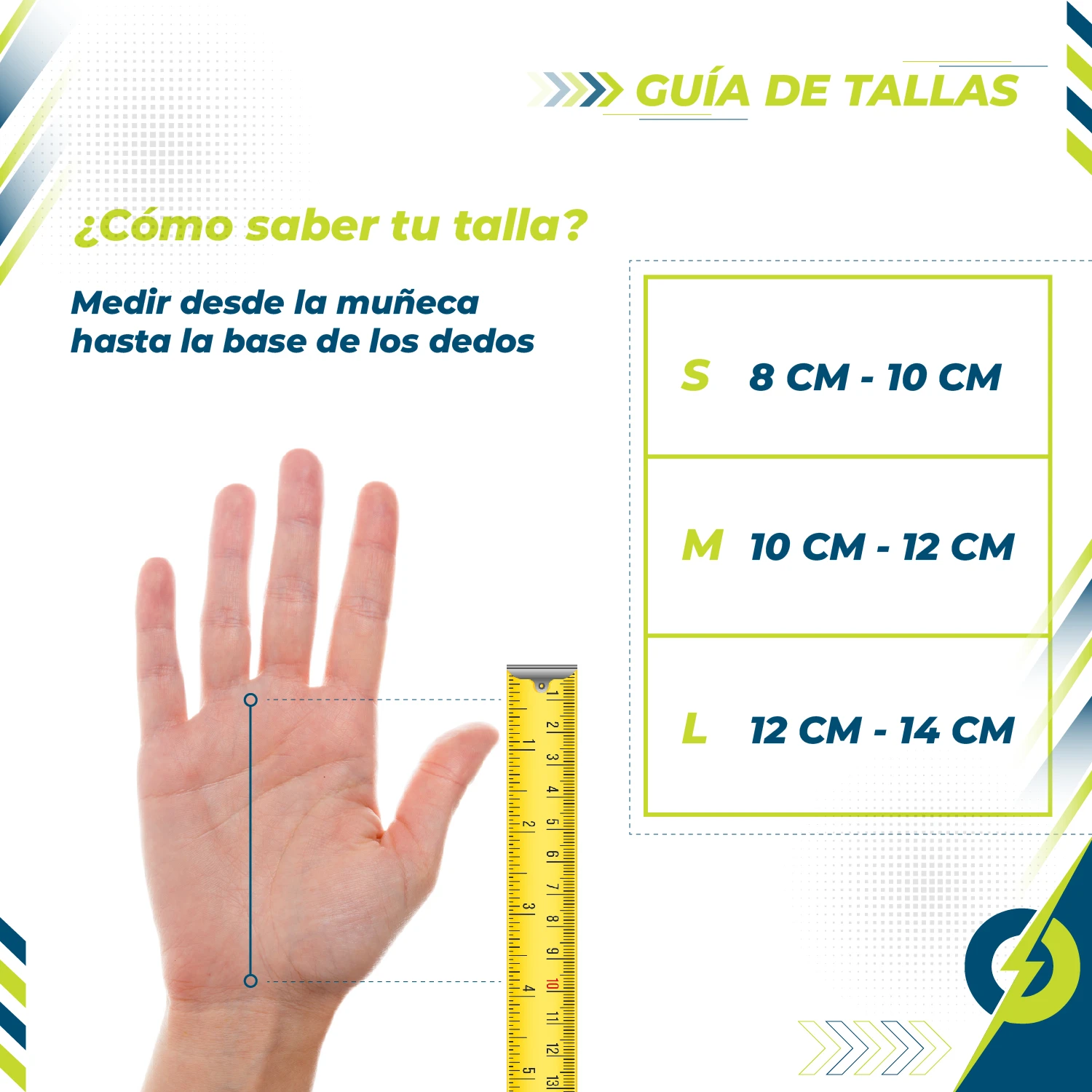 Guía de tallas para calleras de crossfit: S (8-10 cm), M (10-12 cm), L (12-14 cm). Muestra mano con cinta métrica.