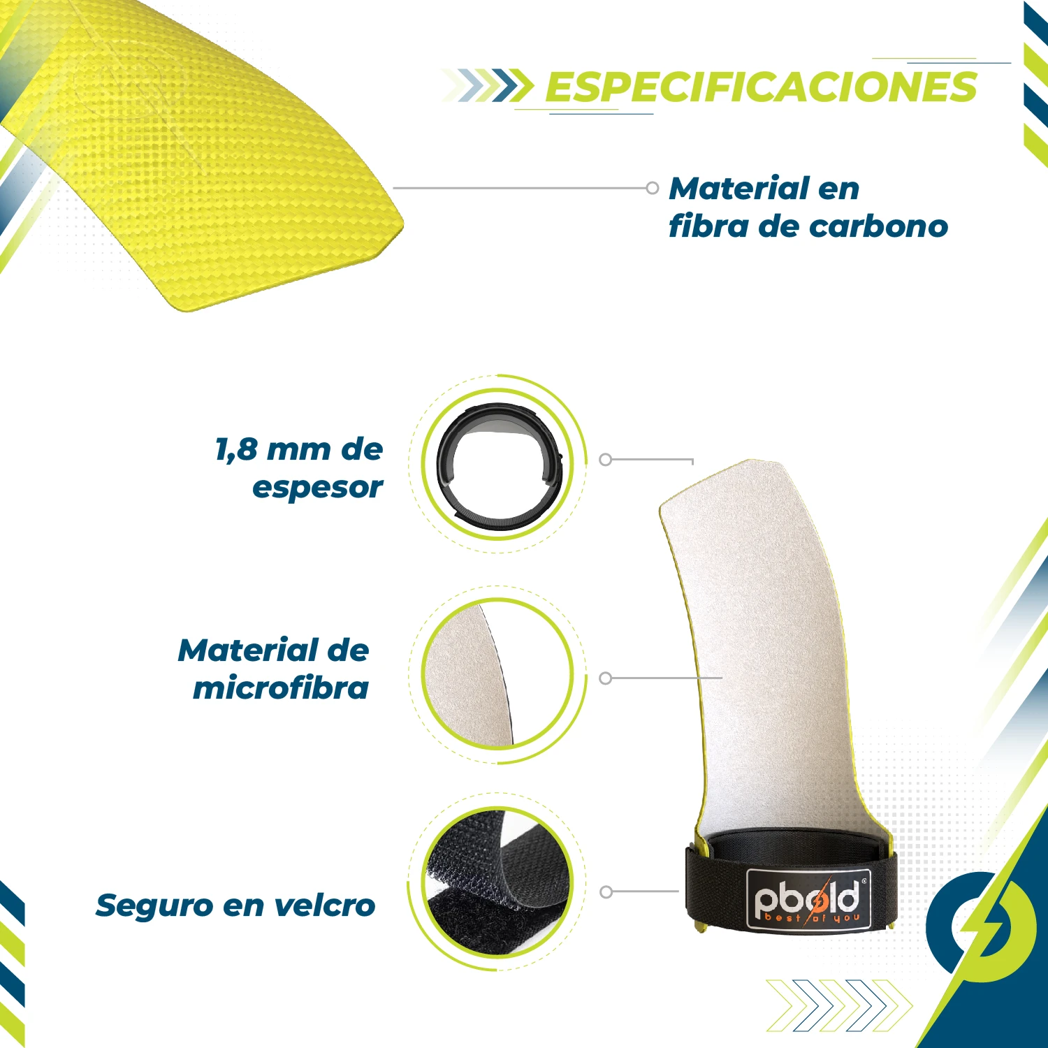 Calleras de crossfit verdes con 1.8 mm de espesor, material en fibra de carbono y microfibra, cierre en velcro.