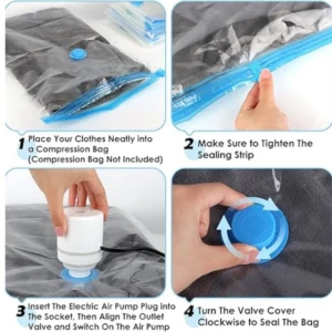 Instrucciones de uso de bomba eléctrica para bolsas de vacío: colocar ropa, cerrar sellador, conectar bomba y girar tapa azul para sellar.