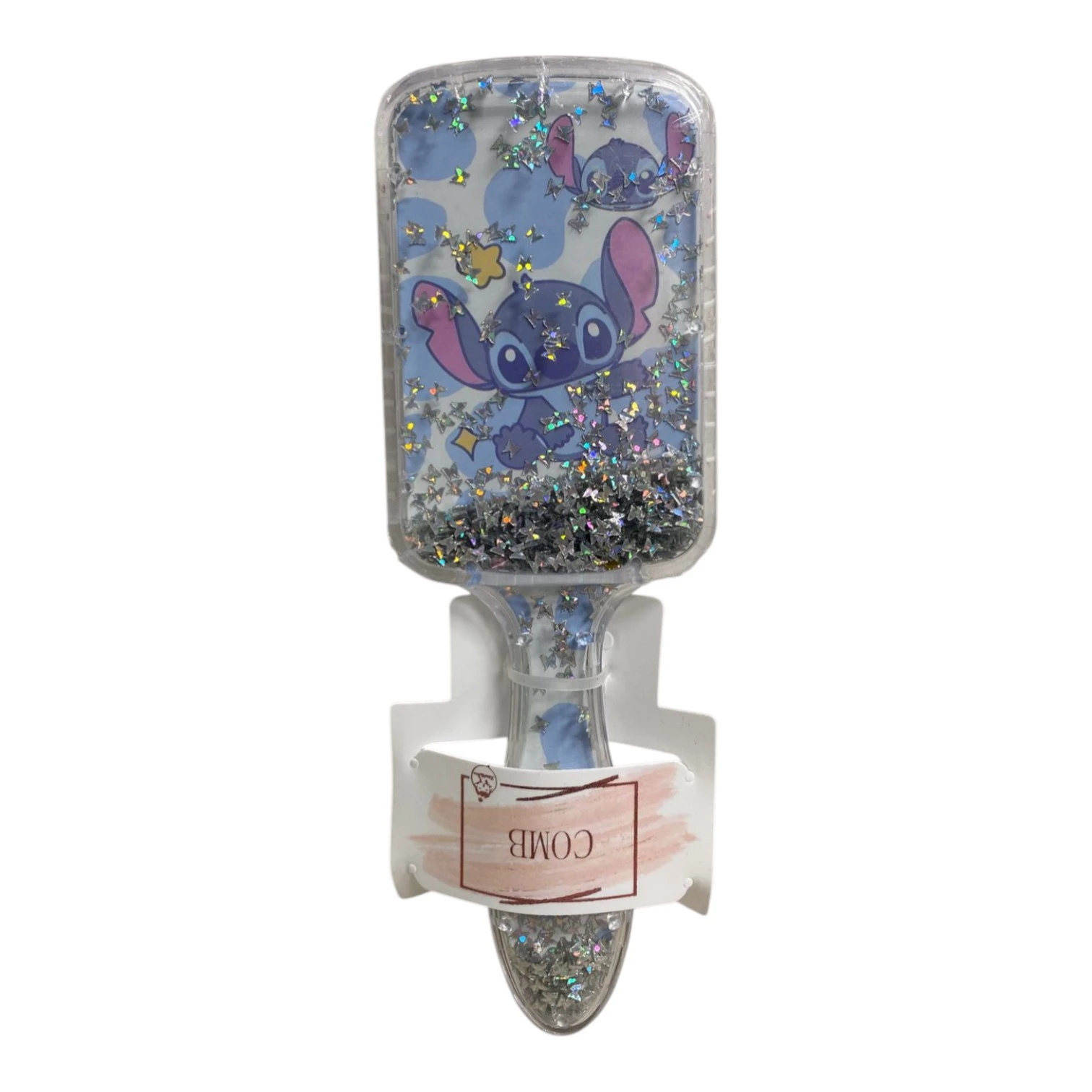 Cepillo desenredante con diseño de Stitch brillante y confeti, ideal para niños.