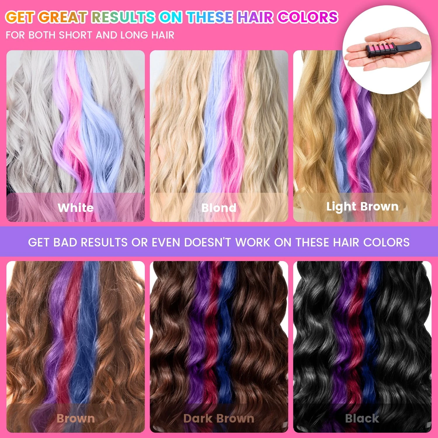 Peine de tiza temporal para cabello con 10 colores vibrantes en mechones blancos, rubios, castaños y negros.