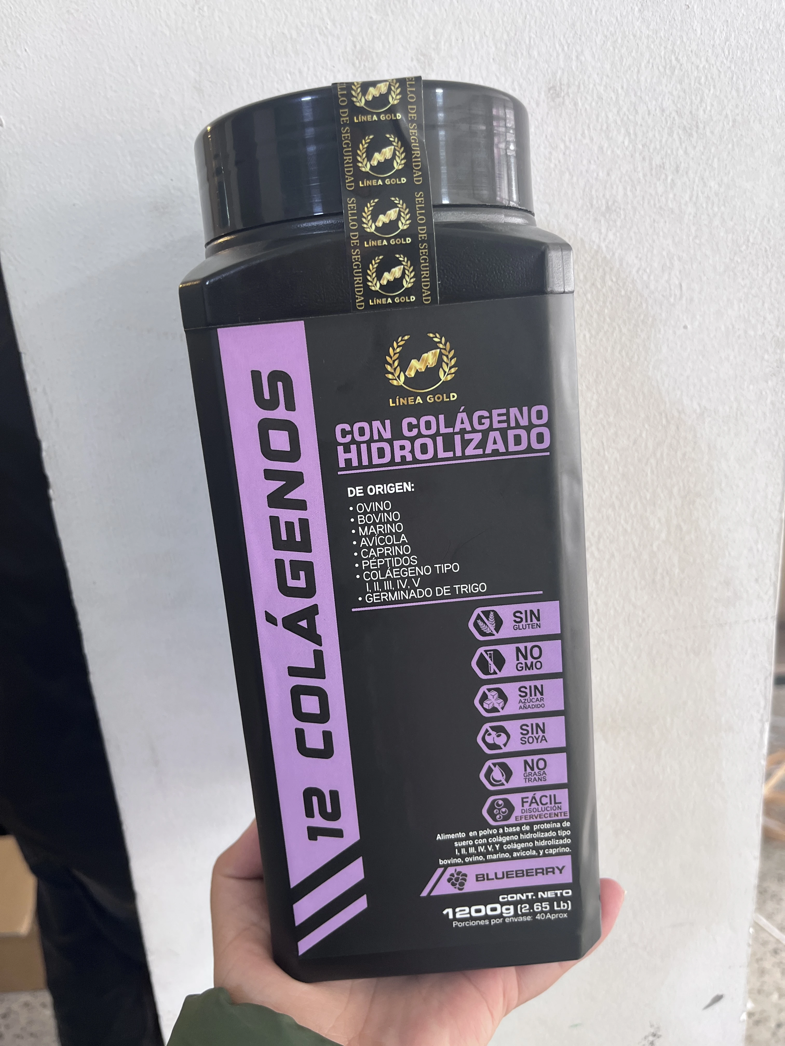 Bote de 12 Colágenos Hidrolizados sabor Blueberry, 1200g, para piel, cabello, uñas y articulaciones.