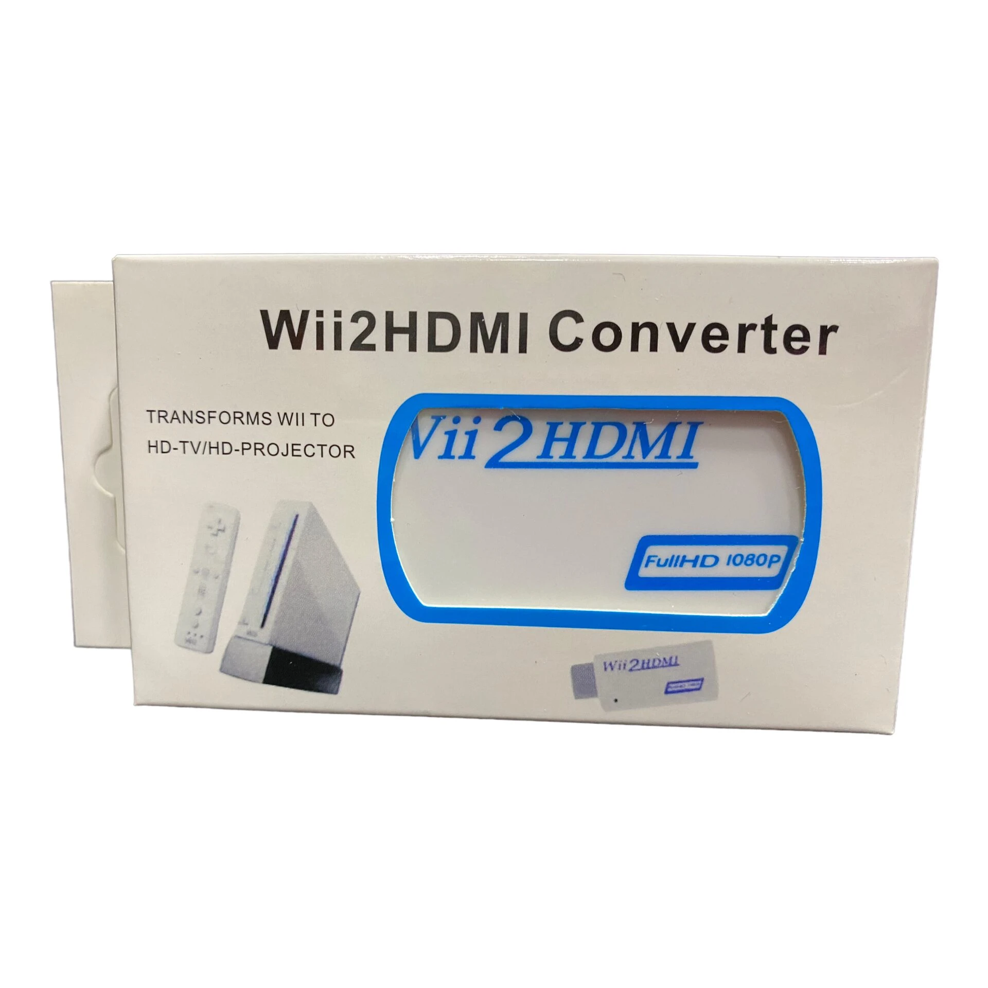 Caja blanca del adaptador Wii2HDMI, mostrando consola Nintendo Wii, mando y dispositivo de conversión con etiqueta Full HD 1080p.