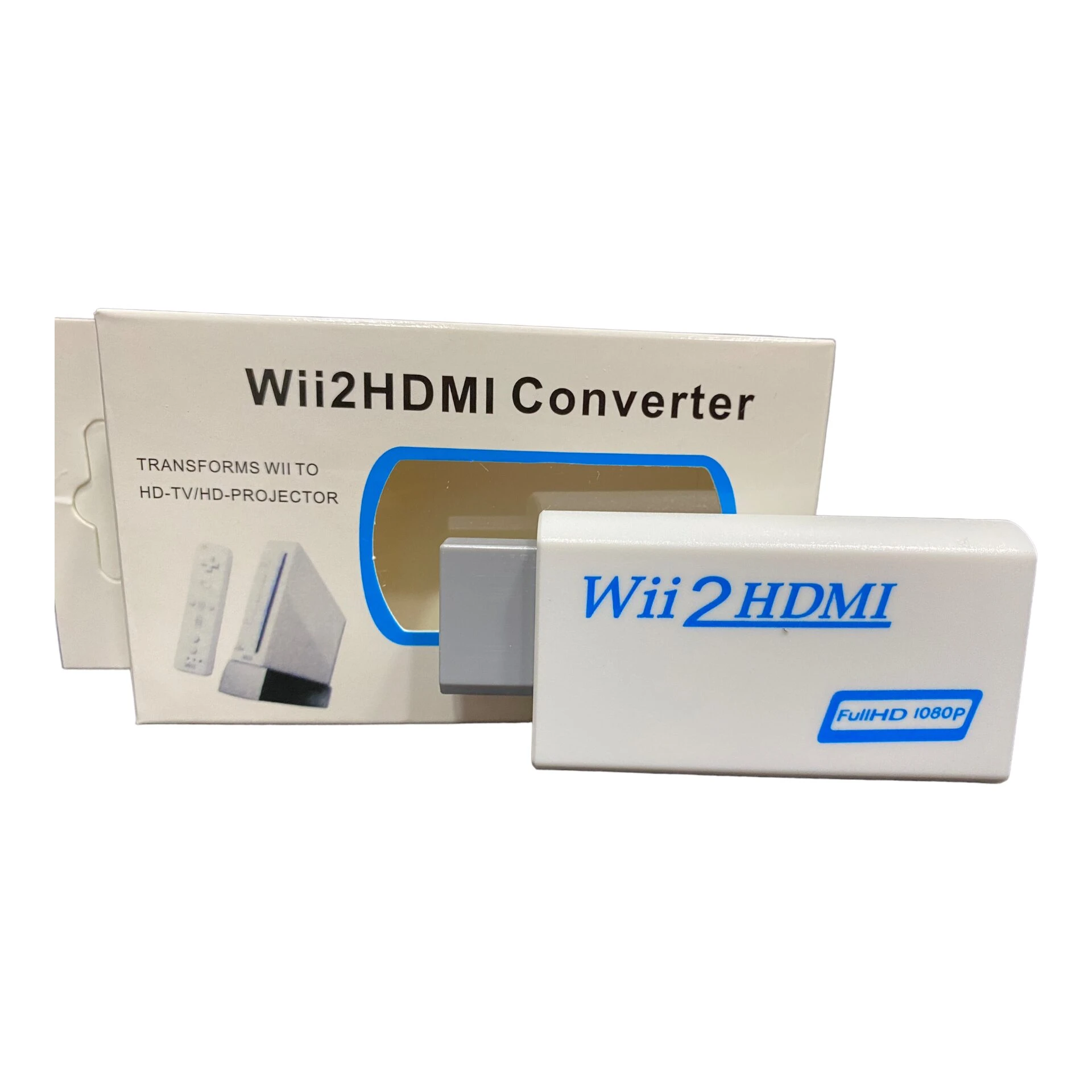 Adaptador HDMI blanco para Nintendo Wii, con caja que muestra consola y mando. Incluye etiqueta Full HD 1080P.