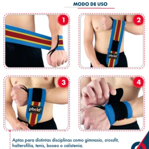 Muñequeras CrossFit azules con franjas rojas y amarillas, para levantamiento de pesas.