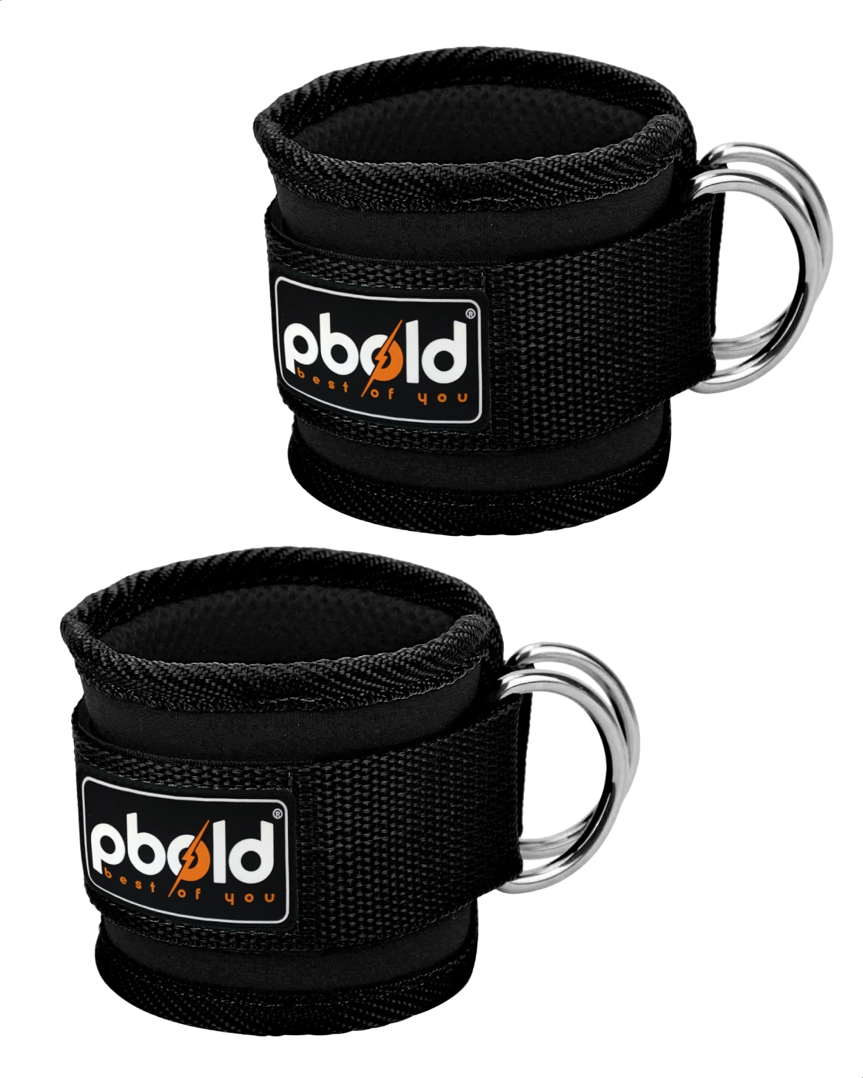 Tobilleras negras acolchadas con argollas metálicas para ejercicios de tonificación y fortalecimiento.
