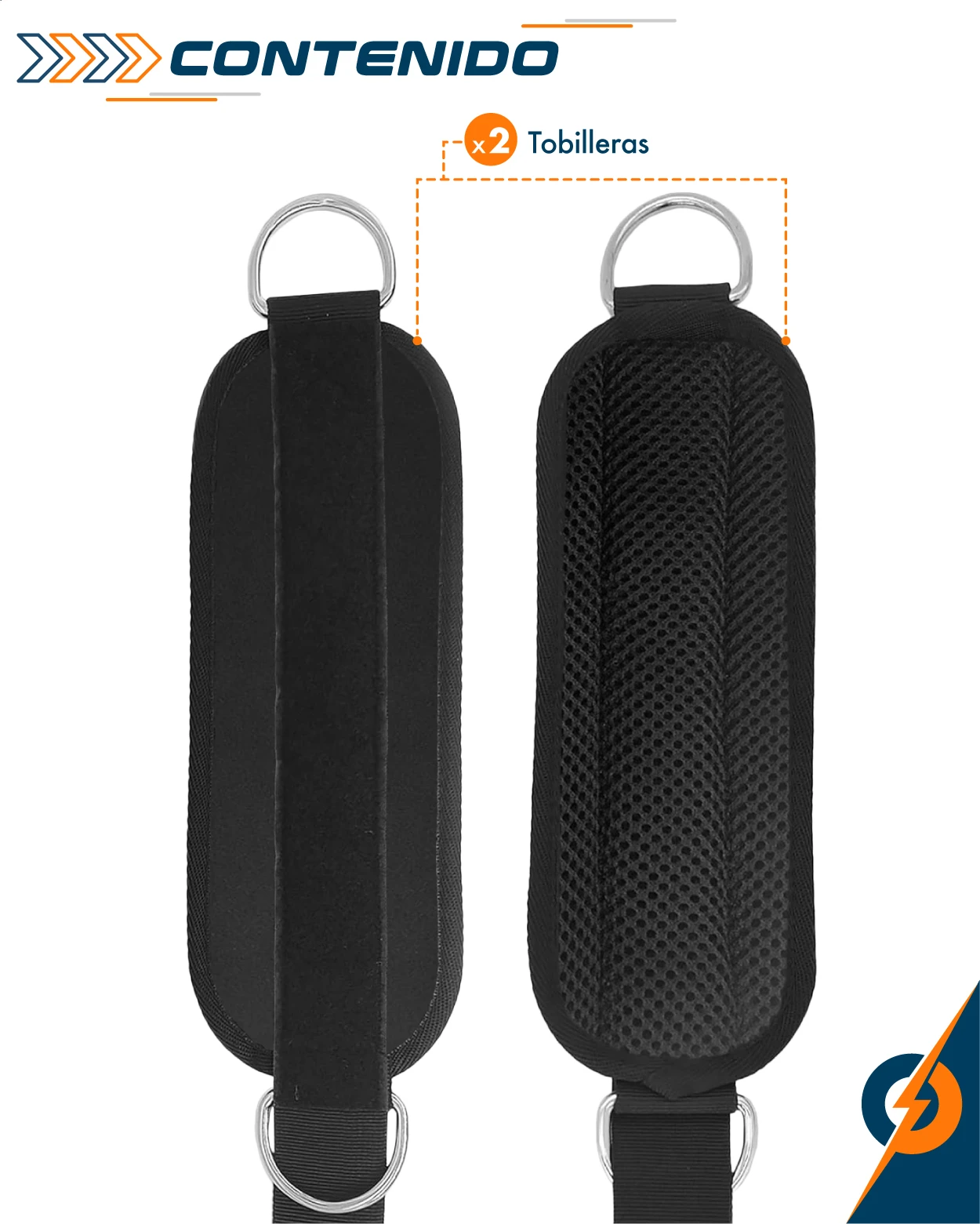 Tobilleras negras acolchadas con argolla metálica, una con velcro y otra con malla transpirable.
