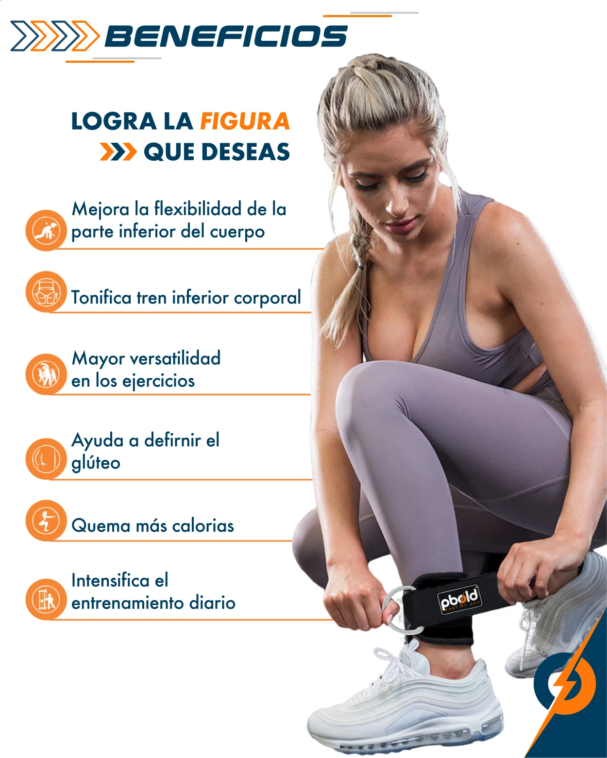 Mujer con tobilleras negras acolchadas ajustables, enfocada en ejercicios de tonificación y fortalecimiento.