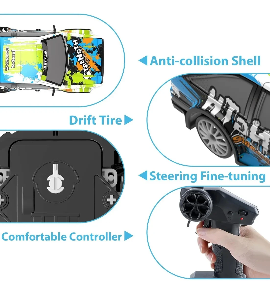 Carro de carreras 4WD con control remoto, detalles en chasis, neumáticos de derrape, ajuste de dirección y mando ergonómico.