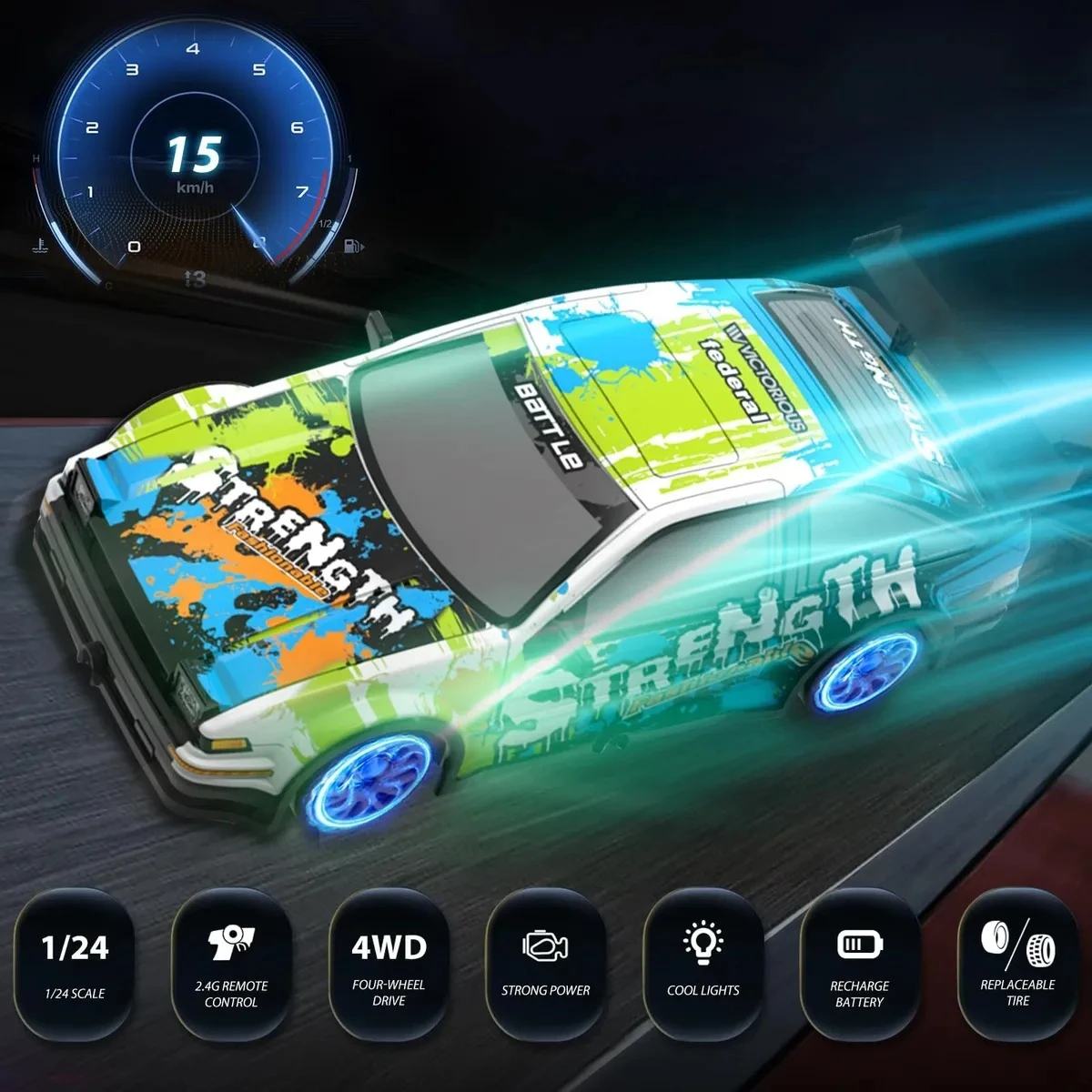 Carro de carreras 4WD en escala 1/24, con diseño multicolor y luces LED azules, mostrando velocidad de 15 km/h en pantalla digital.