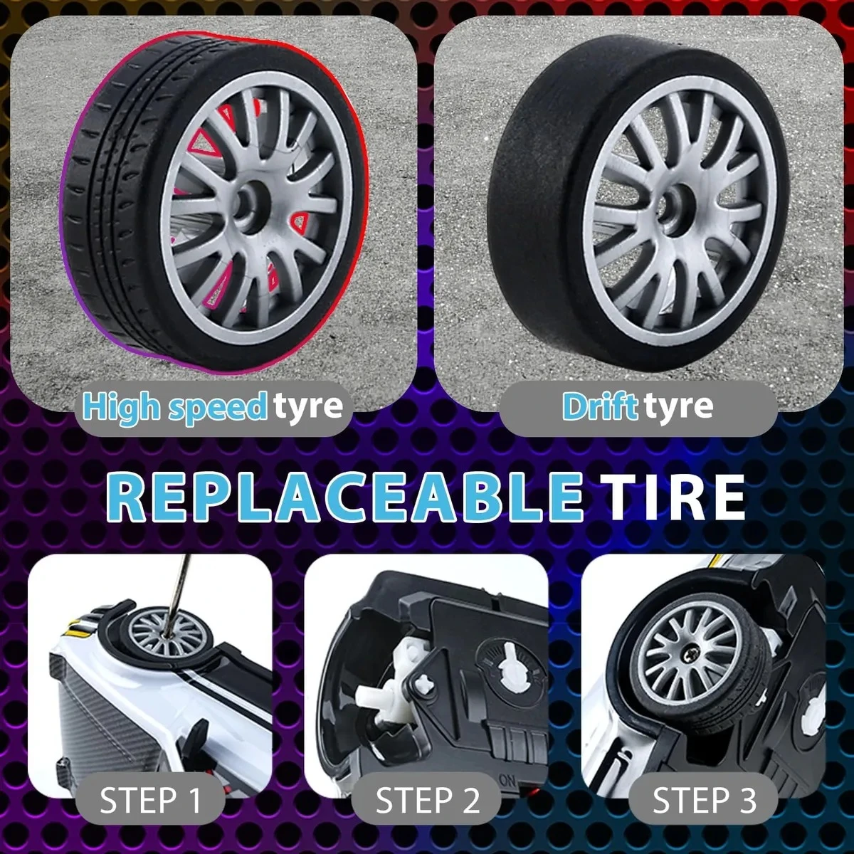 Carro de carreras 4WD con neumáticos intercambiables: versión de alta velocidad y versión de drift, mostrando detalles de los rines y el mecanismo de cambio de llantas en tres pasos.