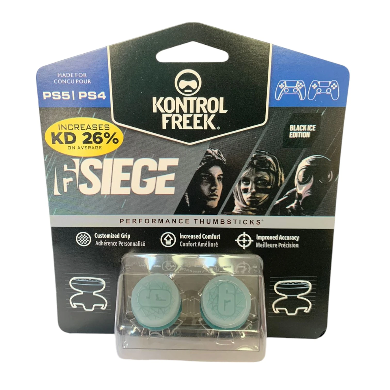 Pack de protectores de análogos Kontrol Freek Black Ice para PS4 y PS5, con diseño texturizado en azul claro y empaque que muestra tres personajes del juego Siege.