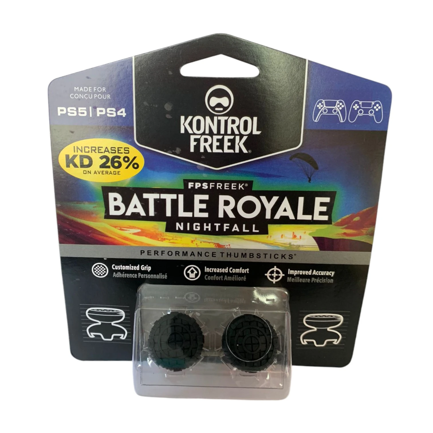 Pack de protectores de análogos Kontrol Freek para PS4 y PS5, modelo Battle Royale Nightfall. Incluye dos botones negros con textura de rejilla, presentados en blister transparente sobre tarjeta de cartón con gráficos de juego.
