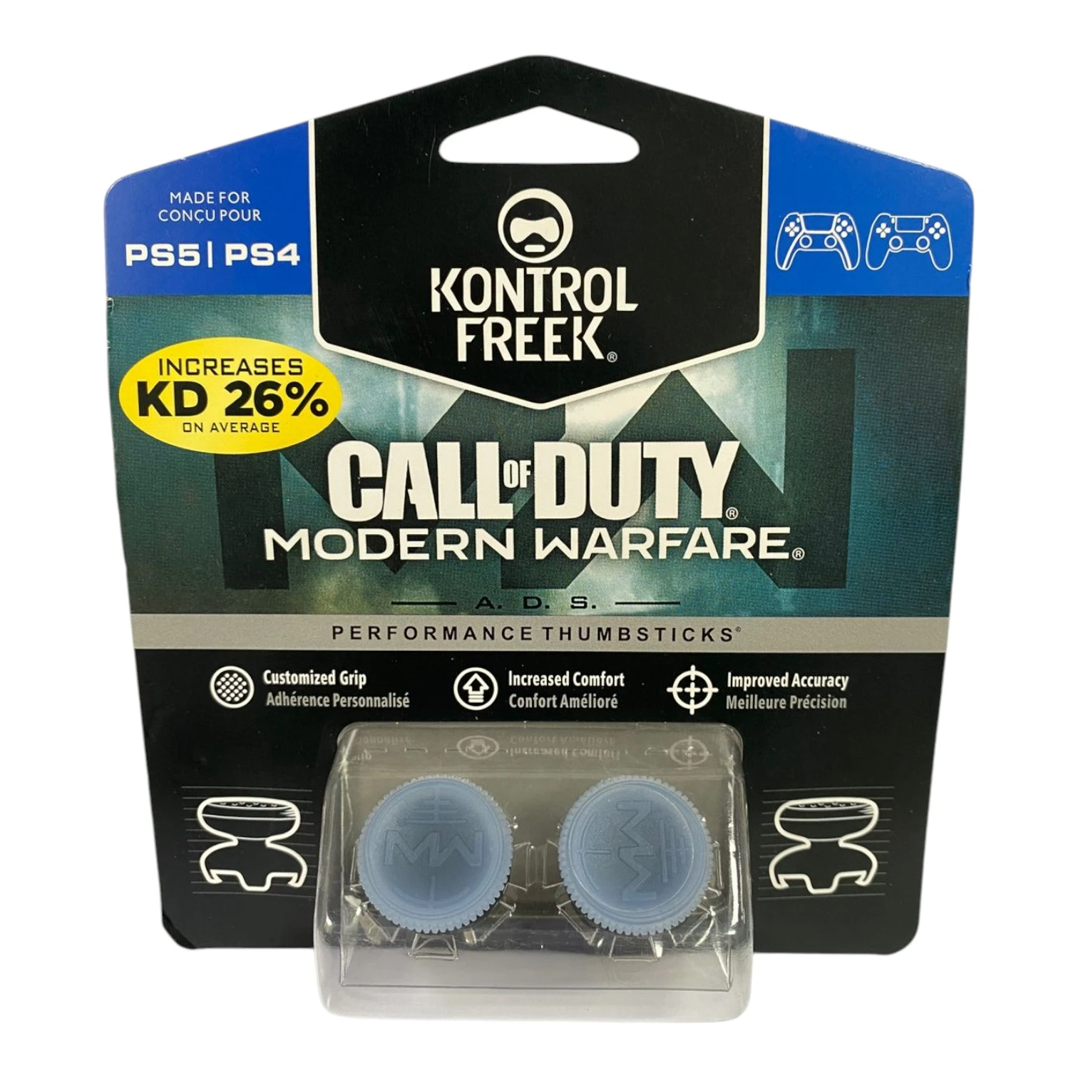 Pack de protectores de análogos Kontrol Freek para PS4 y PS5, color azul claro, con empaque que muestra dos unidades y detalles de mejora de precisión y comodidad.
