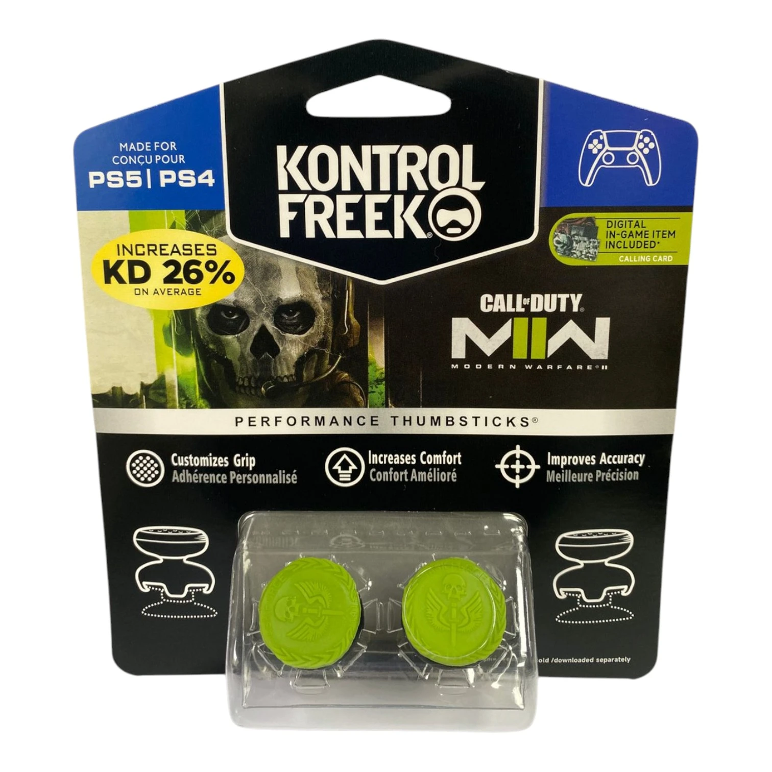 Pack de protectores de análogos Kontrol Freek en color verde lima, diseñados para consolas PlayStation 4 y 5. Incluye dos botones ergonómicos con textura antideslizante, presentados en su empaque original con ilustraciones de mejora de precisión y comodidad.