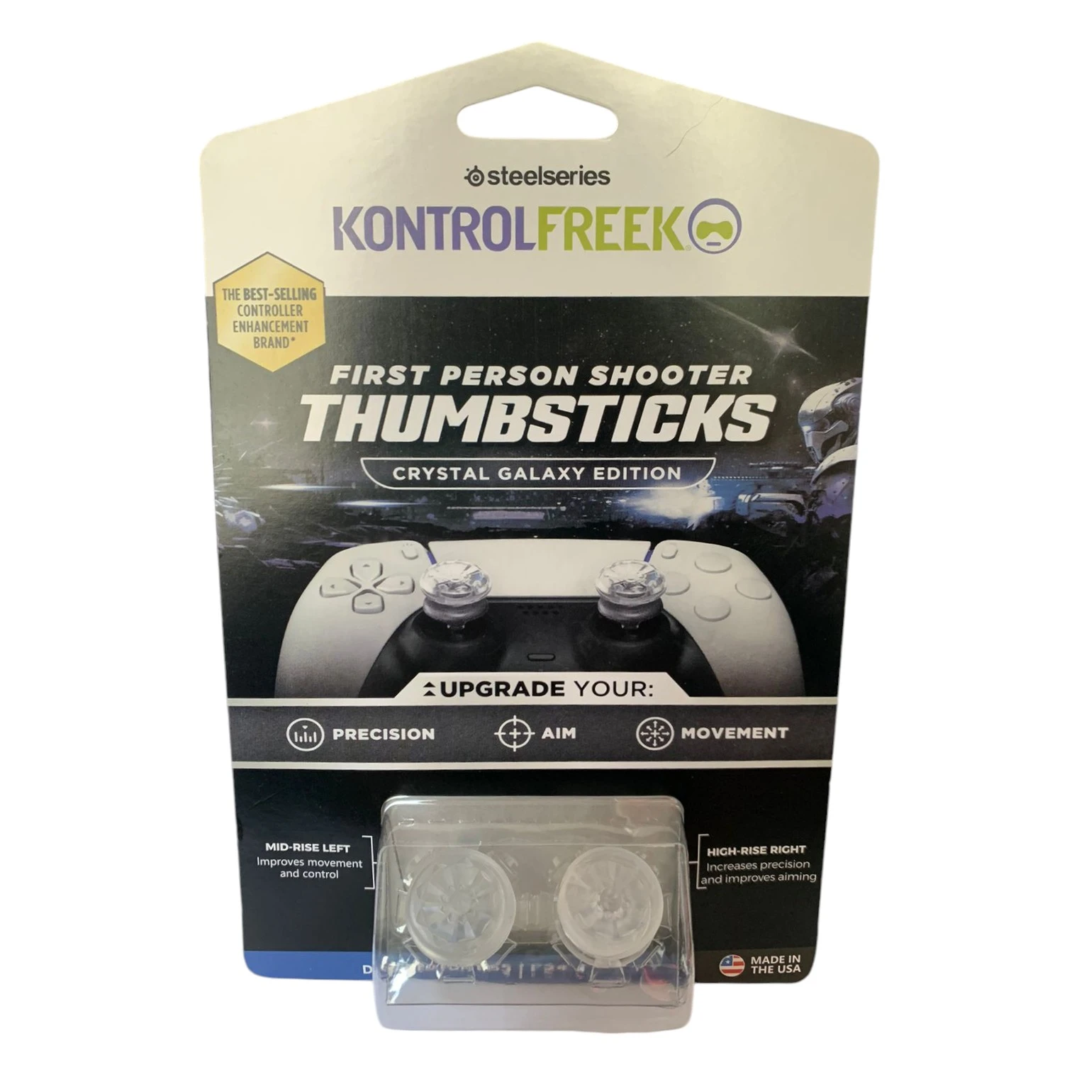 Pack de protectores de análogos Kontrol Freek Crystal Galaxy Edition para PS4 y PS5, con diseño blanco y negro, mostrando los accesorios transparentes en su empaque original.