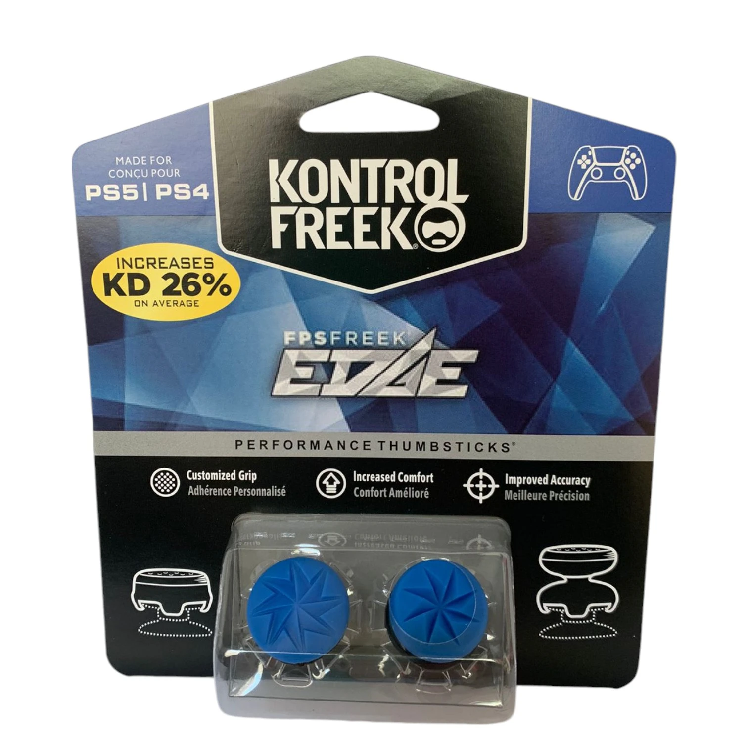 Pack de protectores de análogos Kontrol Freek Edge en azul para PS4 y PS5, con diseño ergonómico y acabado texturizado para mayor agarre y precisión.