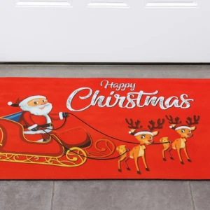 Tapete navideño rojo con Santa en trineo y renos, "Happy Christmas".