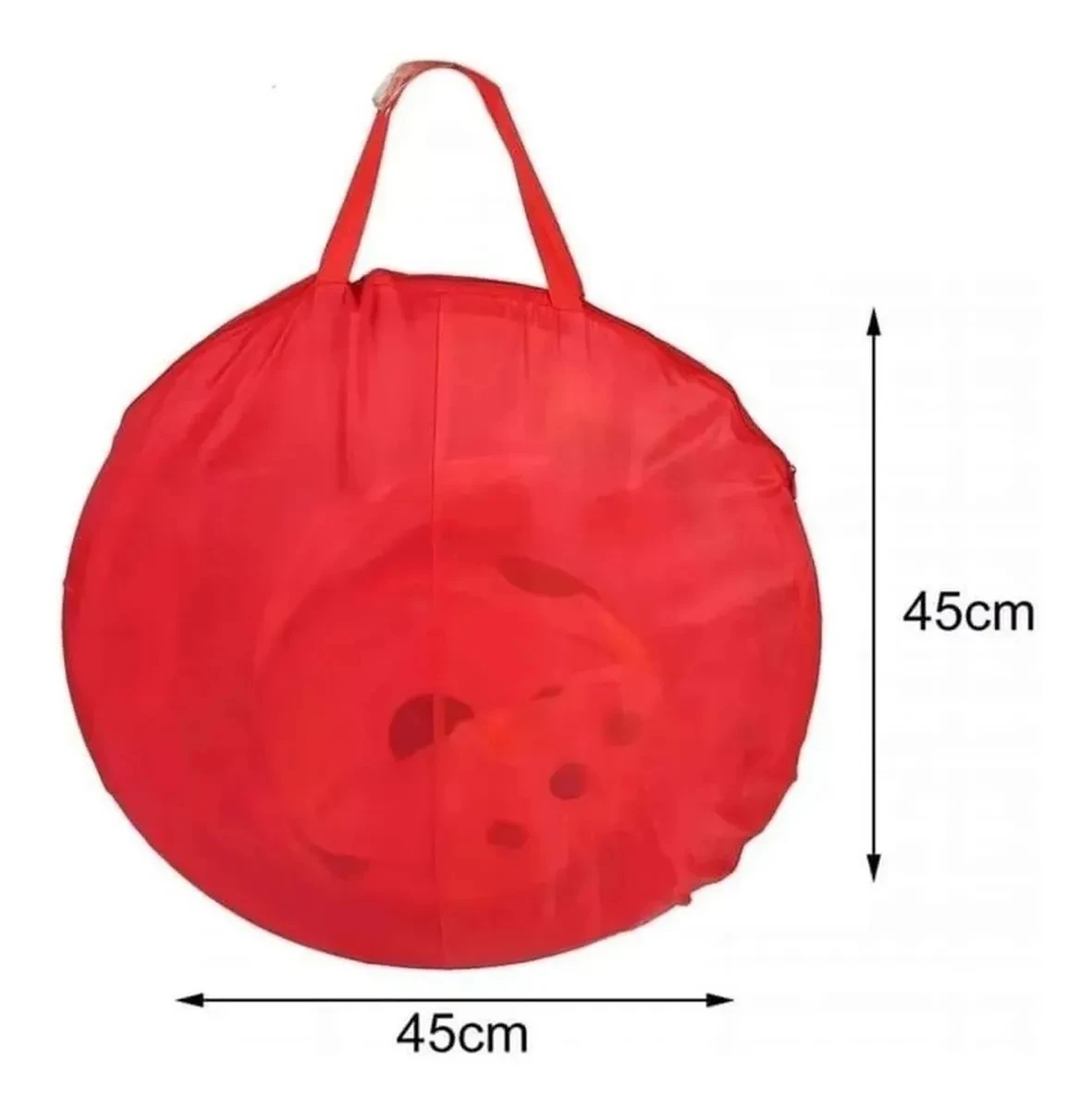 Carpa de juego redonda en color rojo con asa superior, medidas 45 cm de diámetro, ideal para niños.