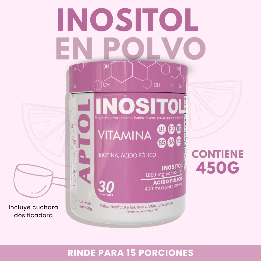 Inositol en polvo Internatural 450g, mezcla para preparar malteada con vitaminas B, biotina y ácido fólico.