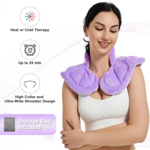 Almohadilla térmica cervical y de hombros morada de felpa, para calor o frío hasta 25 min. Incluye bolsa.