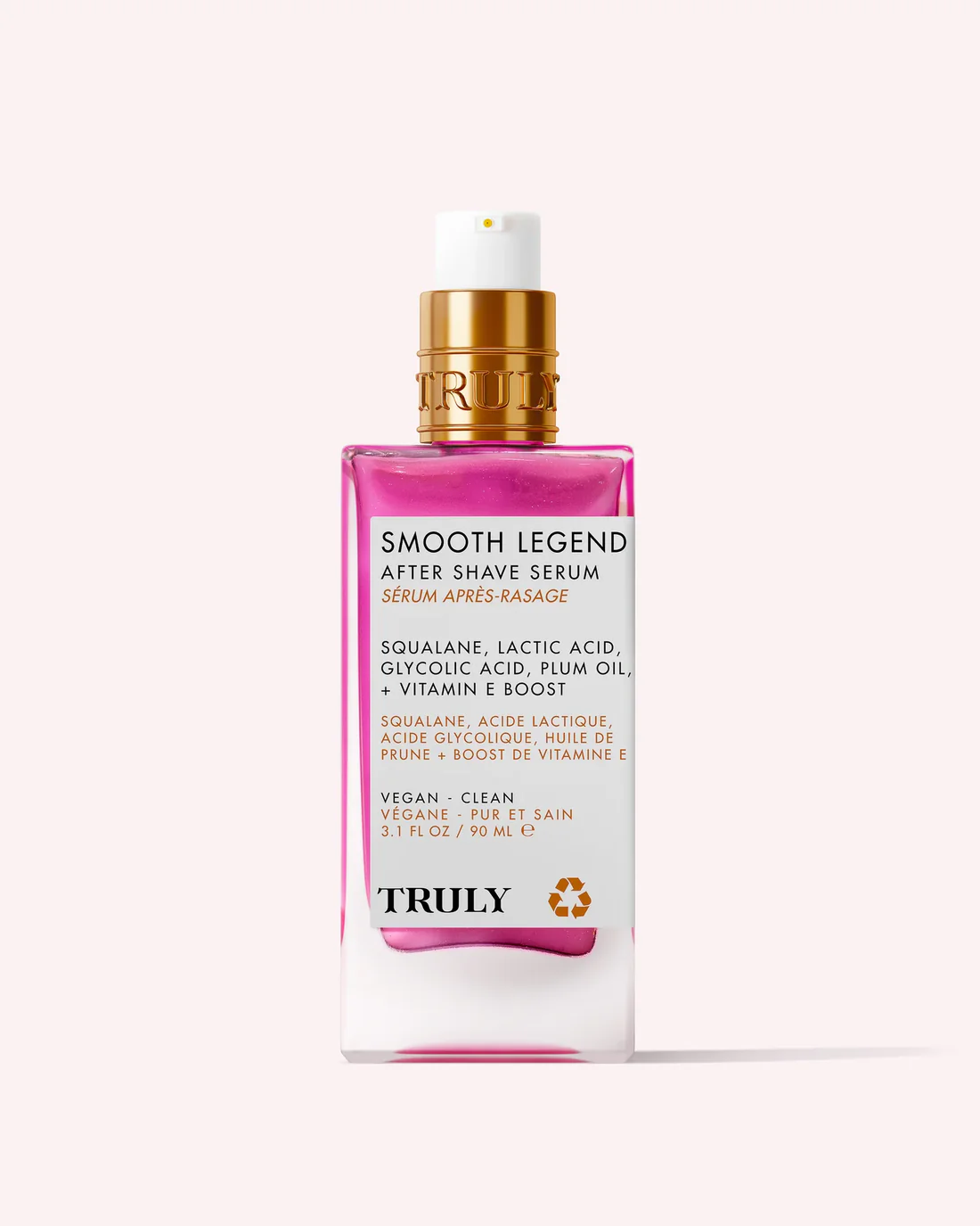 Sérum post-afeitado Truly "Smooth Legend" en botella rosa con dosificador dorado, 90 ml.