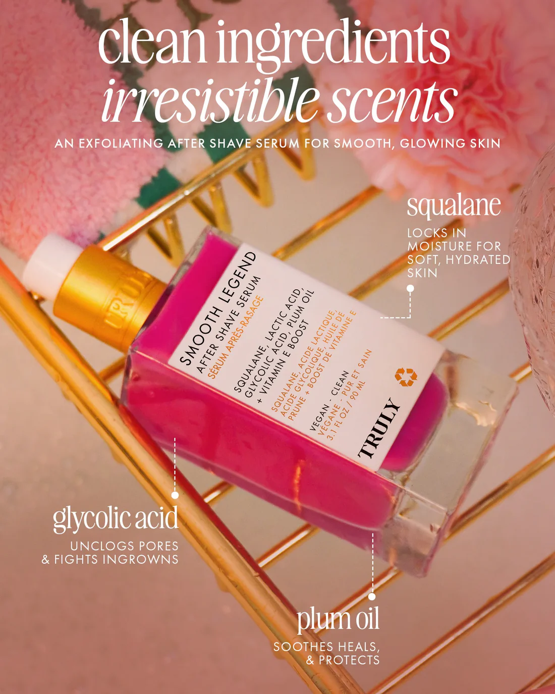 Sérum post-afeitado en frasco de vidrio con líquido rosa vibrante, ideal para piel radiante y vellos encarnados.