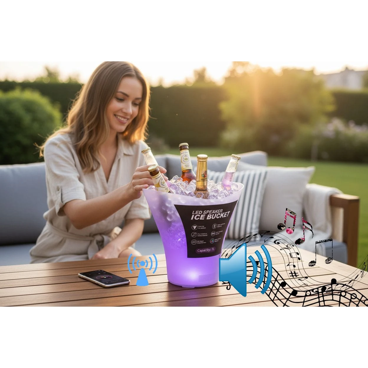 Hielera LED púrpura con altavoz Bluetooth, llena de hielo y botellas, sobre mesa de madera al aire libre.