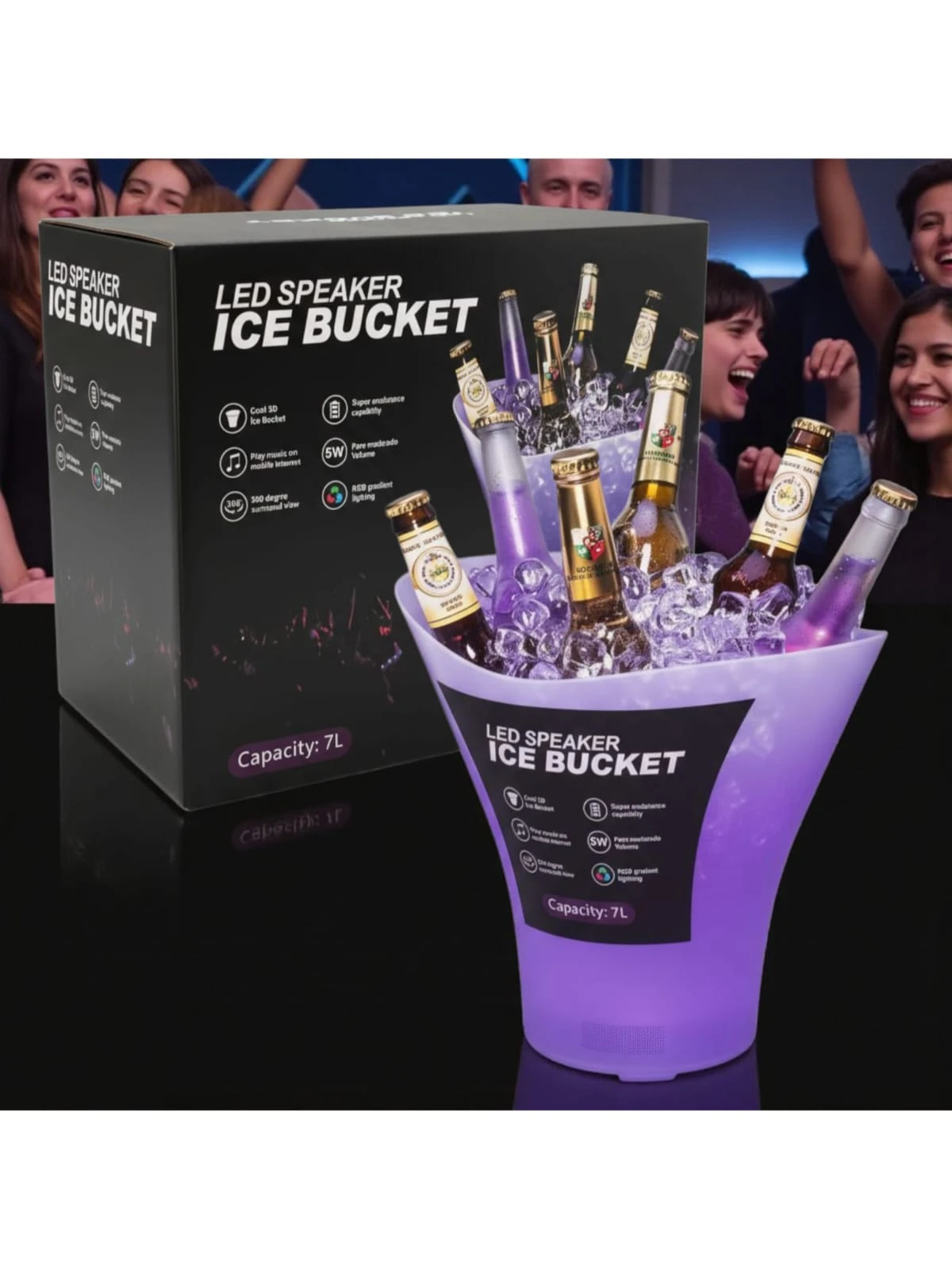 Cubeta hielera LED de 7 litros en color morado, con botellas de vidrio dentro, funcionando como altavoz Bluetooth.