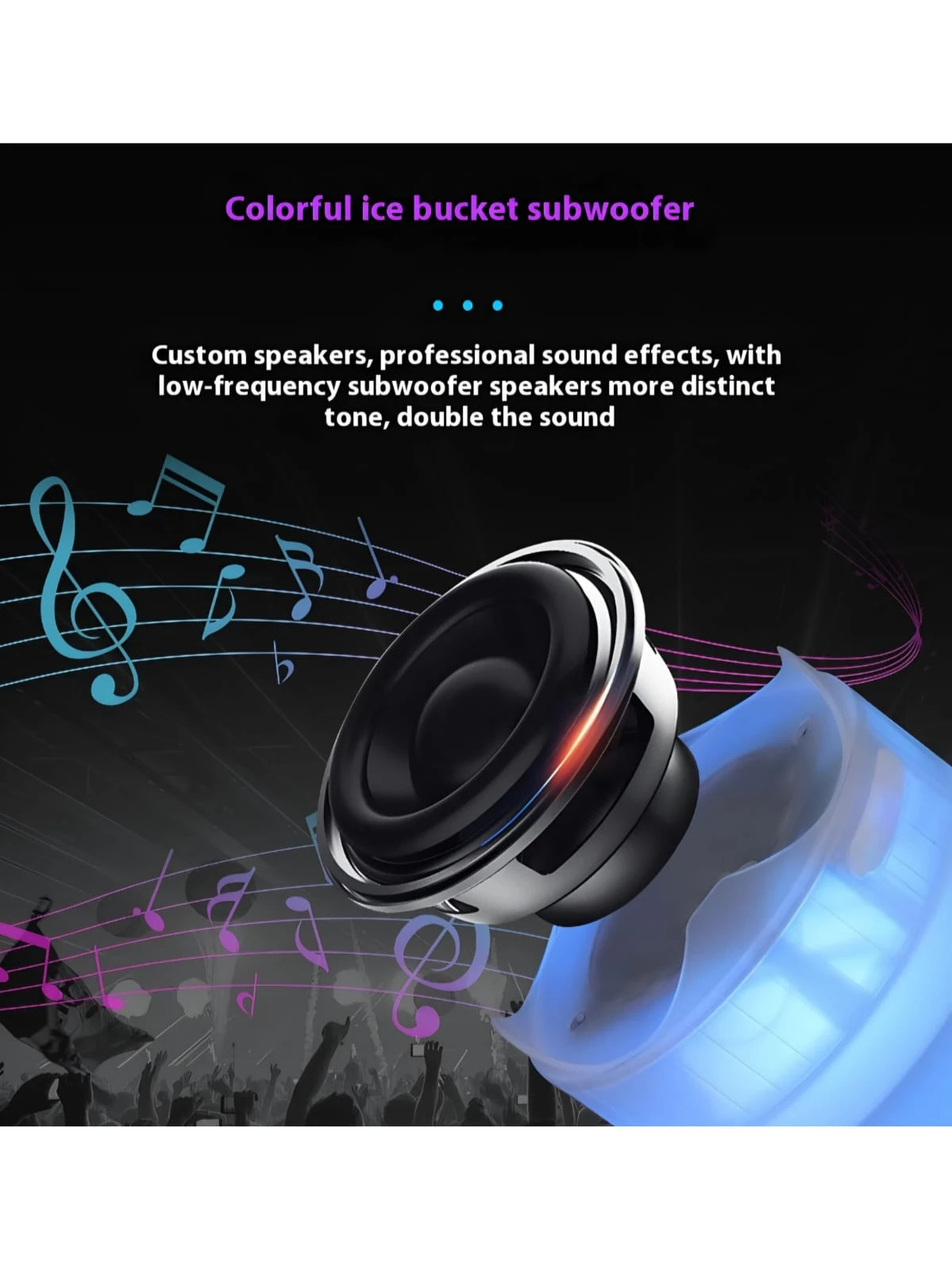 Subwoofer de altavoz Bluetooth integrado en hielera cubeta azul con luz LED, mostrando detalles del cono y notas musicales flotantes.