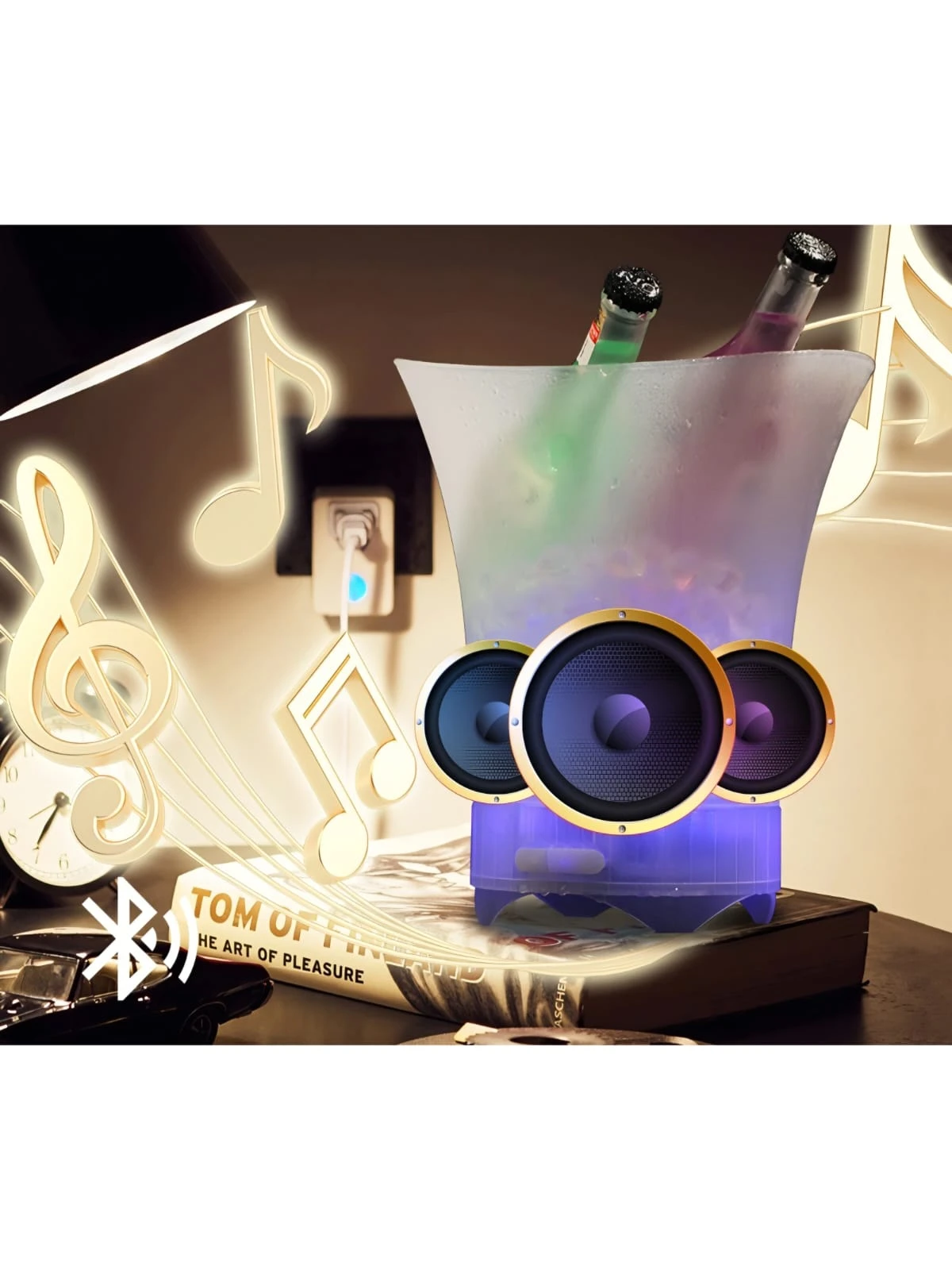 Hielera cubeta de 7L con luz LED multicolor y altavoz Bluetooth integrado, mostrando dos botellas dentro y repuestos de sonido visibles en la base.