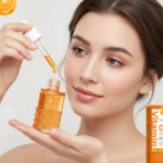 Mujer joven aplica serum Vitamina C Sadoer en frasco transparente, con gotas doradas visibles.