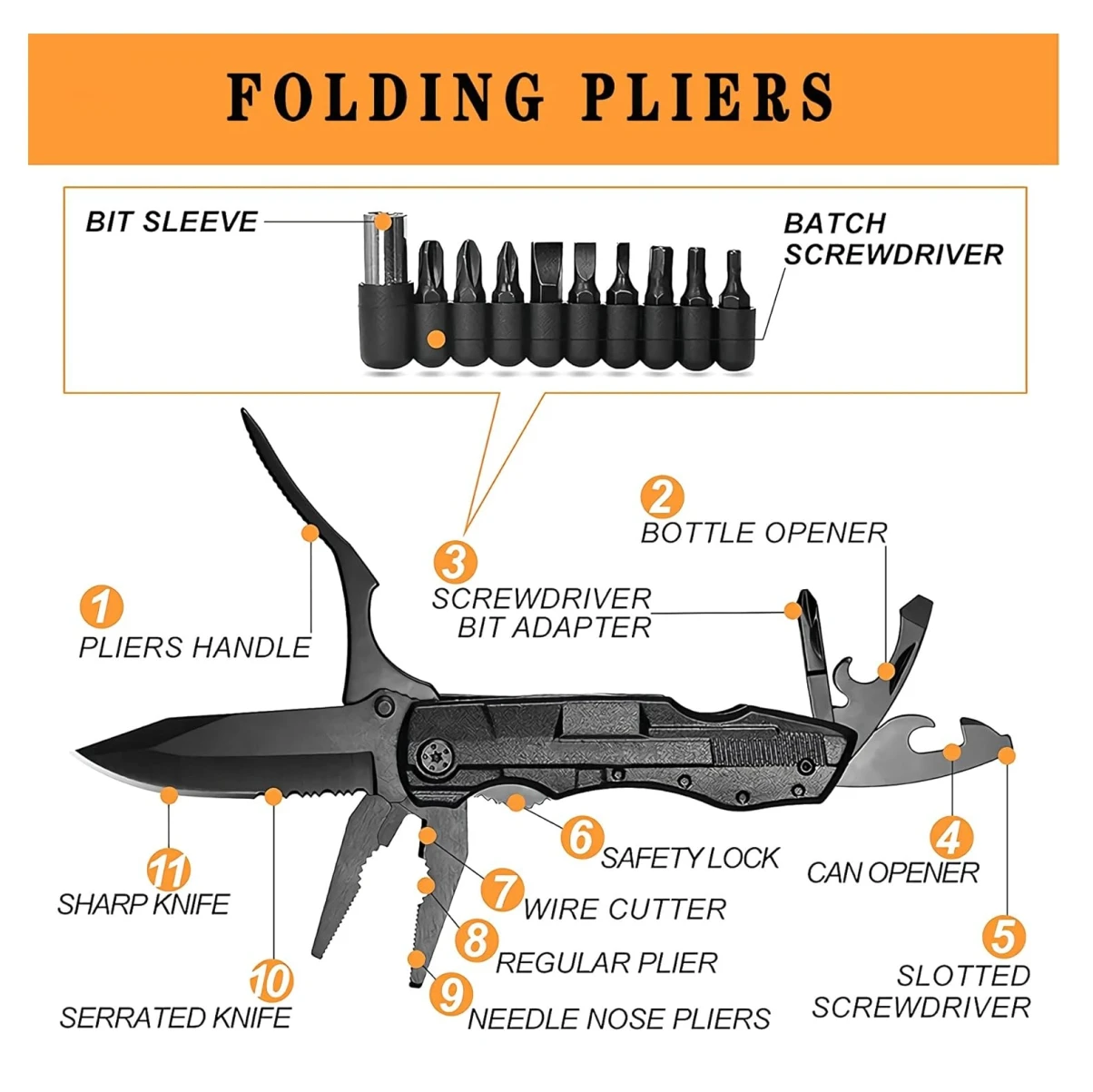 Multiherramienta plegable de acero inoxidable con cuchillo, alicates, destornillador, abrebotellas y cortacables.
