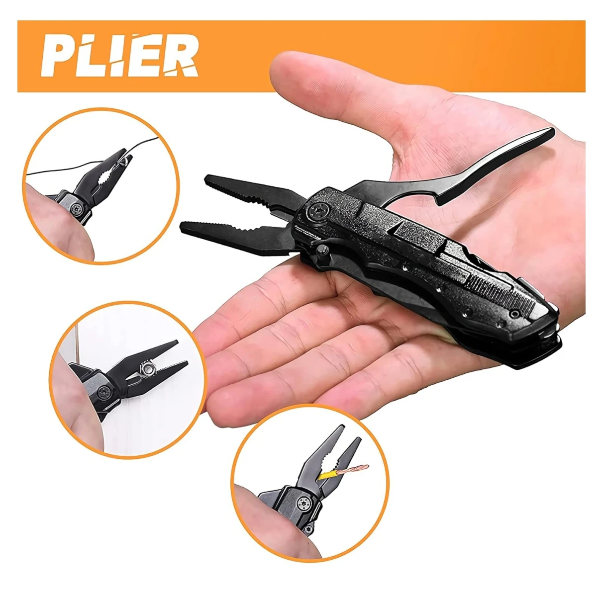 Multiherramienta 5 en 1 de acero inoxidable, color negro, con mango ergonómico y detalles en metal pulido. Muestra funciones como pinza, cortador y destornillador, con tres primeros planos que ilustran su uso práctico en reparaciones rápidas.