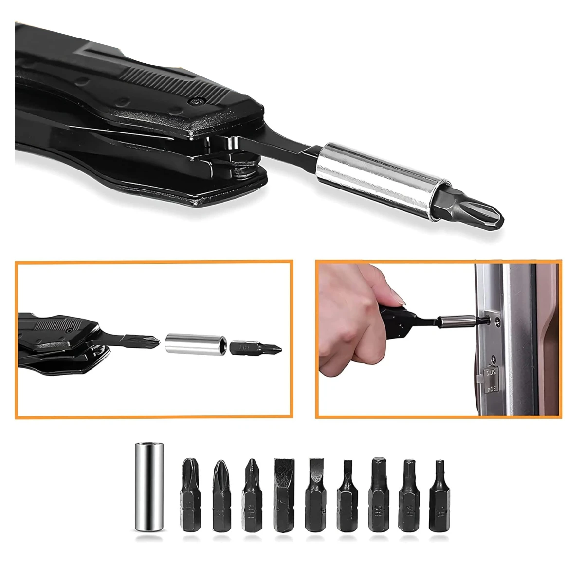 Multiherramienta negra con mango de acero inoxidable y puntas intercambiables, mostrando uso en reparación de cerradura y conjunto de accesorios incluidos.