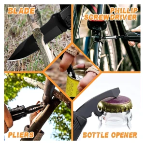 Multiherramienta 5 en 1 con estuche de acero inoxidable: muestra cuchillo, destornillador Phillips, pinzas y abrebotellas en uso.