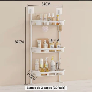 Organizador de baño vertical blanco de 3 niveles, con medidas de 87 cm de alto por 34 cm de ancho, mostrando botellas y accesorios en cada estante.