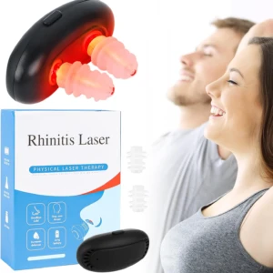 Dispositivo de terapia nasal con luz roja infrarroja, alivia congestión y estornudos, incluye dos puntas nasales y caja.