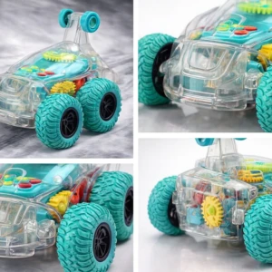 Coche loco transparente con engranajes visibles, ruedas turquesas, ideal para niños curiosos.