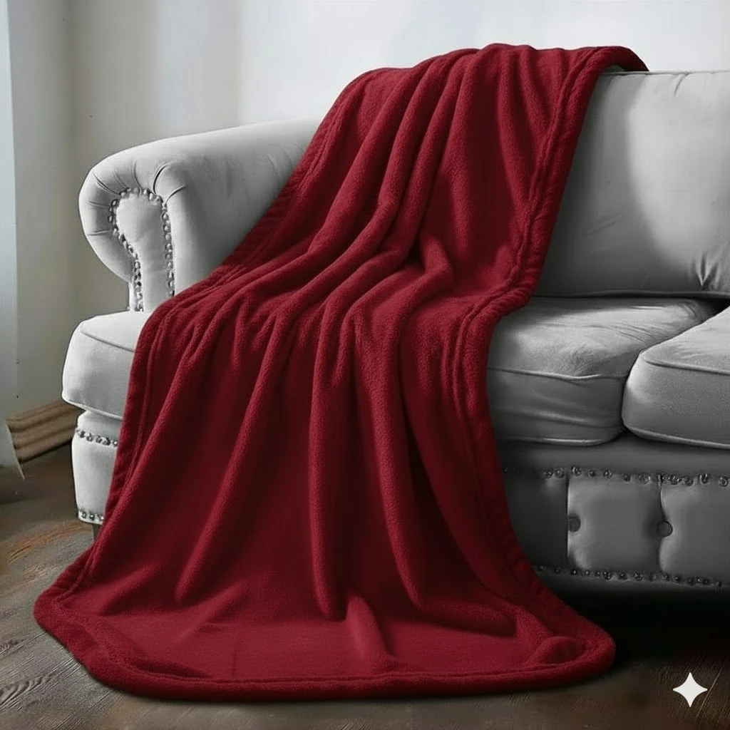 Cobija de piel de conejo color rojo granate con textura suave y lisa. Se muestra doblada sobre un sofá gris claro, cayendo hasta el suelo.