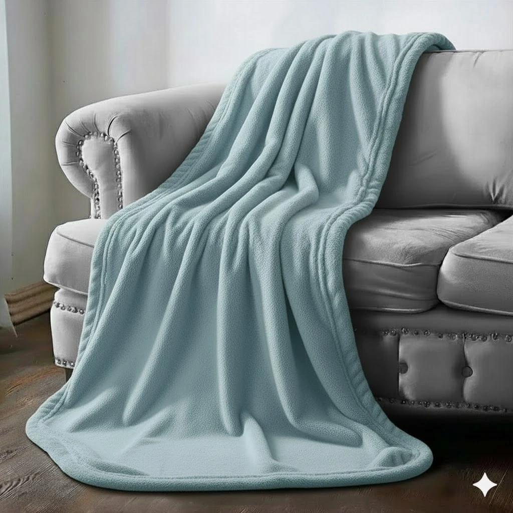 Cobija de piel de conejo color turquesa sobre sofá gris. Textura lisa y suave cayendo en pliegues naturales por el respaldo y asiento del mueble.