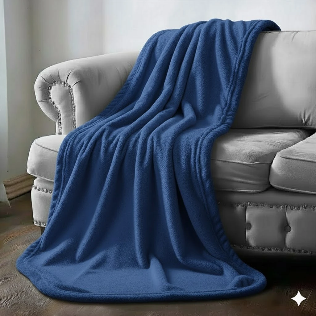 Cobija de piel de conejo color azul sobre sofá gris claro. Textura suave y lisa, drapeada mostrando su caída natural en un ambiente de sala de estar.