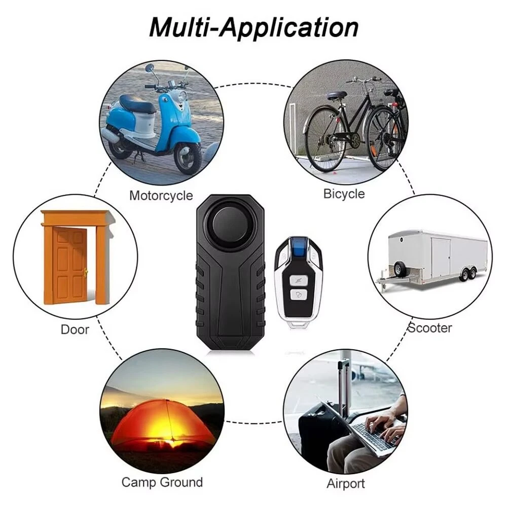 Alarma de vibración inalámbrica negra con control remoto, para motos, bicicletas, puertas, campamentos y aeropuertos.
