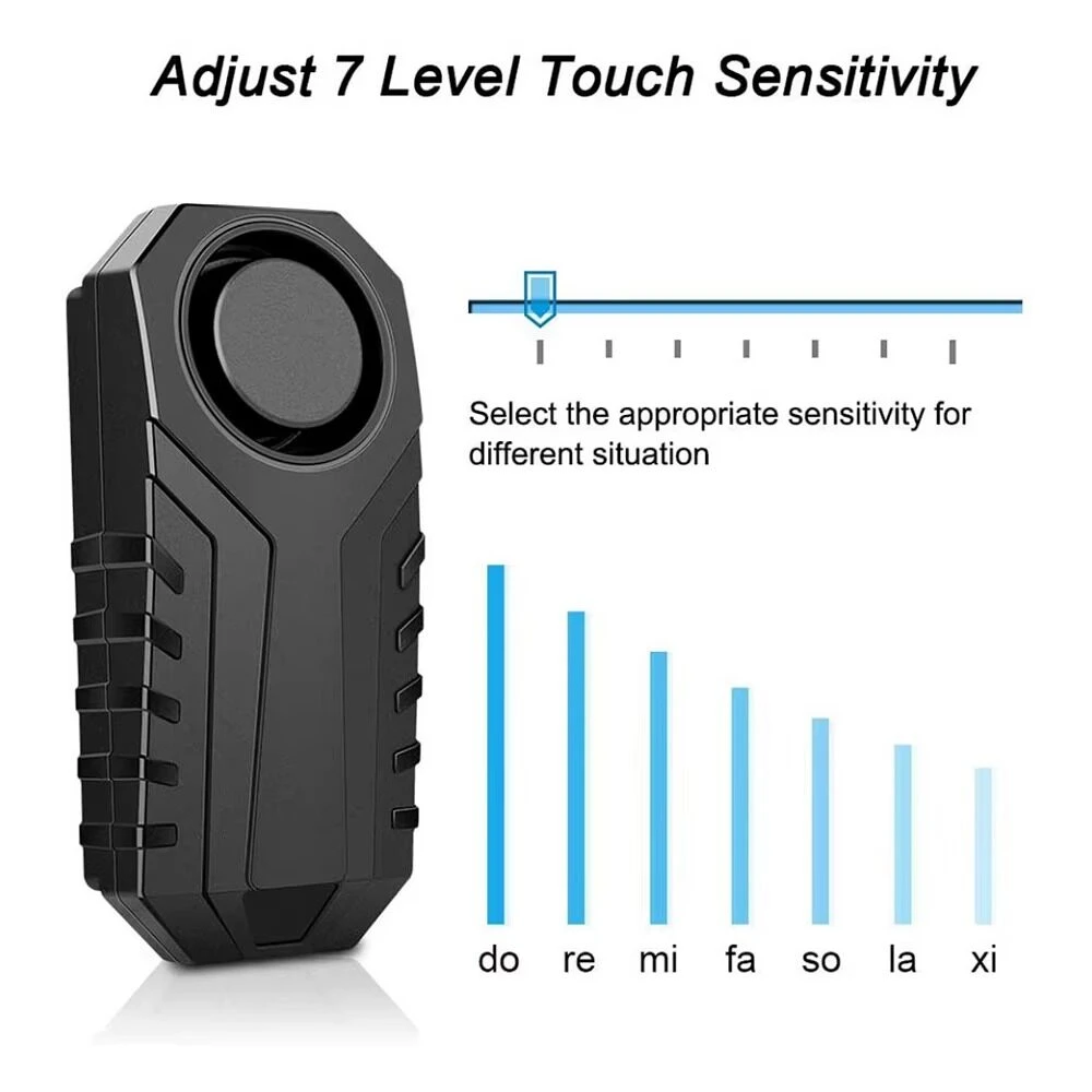 Alarma de bicicleta/moto negra con 7 niveles de sensibilidad táctil ajustables.
