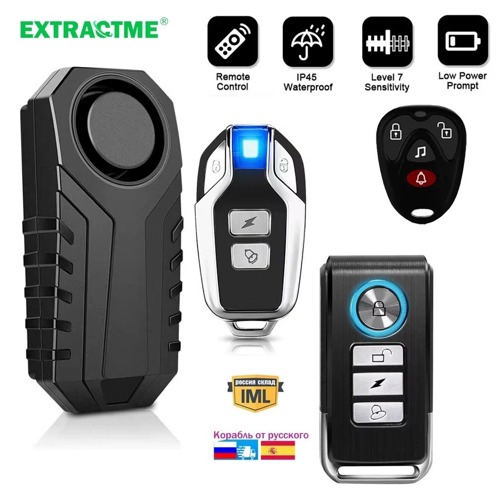 Alarma de vibración inalámbrica para moto/bicicleta con control remoto, resistente al agua y con indicador de batería baja.