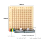 Tablero de madera 22,5 cm con tablas de multiplicar del 1 al 10, dos dados y fichas de colores para juego educativo.