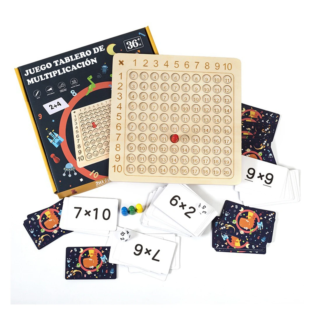 Tablero de madera con tablas de multiplicar, acompañado de fichas numéricas y tarjetas ilustradas para juego educativo infantil.