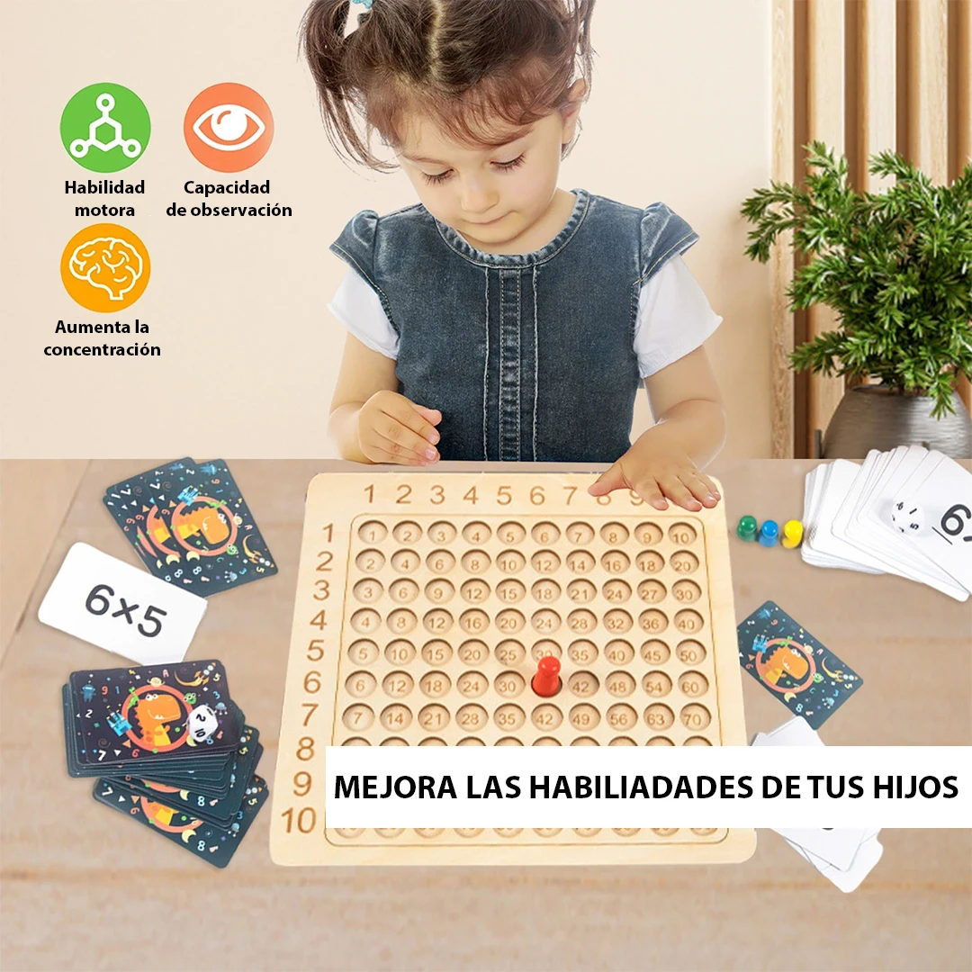Tablero de madera con cuadrícula numérica para practicar tablas de multiplicar, acompañado de fichas ilustradas y fichas de números. Incluye marcador rojo y bolas de colores. Ideal para niños.