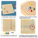 Tablero de madera con 100 huecos para practicar tablas de multiplicar, mostrando fichas de colores y ejemplos de uso en cuatro pasos.